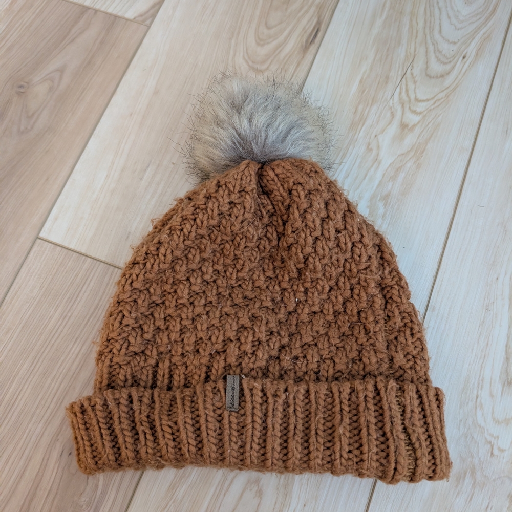 Eddie Bauer Tan Brown Knit Beanie with Pom-Pom